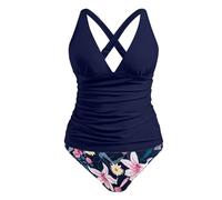 Generico Costume da Bagno Bikini da Donna a Due Pezzi, Costume da Bagno Sexy con Scollo a V e Slip a Vita Alta (Dark Blue, XL)
