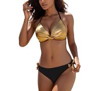 Generico Costume da Bagno Brasiliano Donna con Paillettes e Patchwork Set Bikini Push Up Beach Tankini Elegante (Gold, XXL)