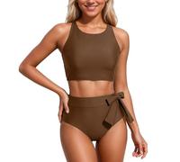 Generico Costume da Bagno Donna Due Pezzi Bikini Pancia Pieghe Contenitivo Collo A V Sexy Curvy Modellante Bikini Vita Alta Push Up Schiena Nuda con Coppe