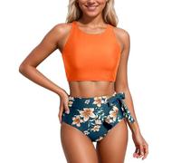 Generico Costume da Bagno Donna Due Pezzi Bikini Pancia Pieghe Contenitivo Collo A V Sexy Curvy Modellante Bikini Vita Alta Push Up Schiena Nuda con Coppe
