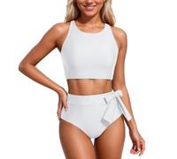 Generico Costume da Bagno Donna Due Pezzi Bikini Pancia Pieghe Contenitivo Collo A V Sexy Curvy Modellante Bikini Vita Alta Push Up Schiena Nuda con Coppe
