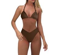 Generico Costume da Bagno Hot Bikini Perizoma Donna Mare Women with Breast Without Bracket Solid Color Bikini with Breast Big Swimsuit No Segno Abbronzatura Costume Nero Donna (Brown,S)