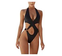 Generico Costume da Bagno Intero da Donna con Scollo a V Profondo, Costume da Bagno con Scollo a V, Tinta Unita