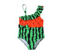 Generico Costume da Bagno Intero Estivo per Bambine con Volant e Stampa Anguria, Tessuto Morbido e Traspirante per Spiaggia e Piscina, Protezione UV UPF 50+, Taglie 3-6 Anni (Green, 3-4 Years)