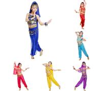 Generico Costume da danza indiana per bambine Set 5 pezzi: top, pantaloni, cintura, veIo e bracciali Abbigliamento per spettacoli, carnevaIe, festival, esibizioni, cosplay, feste a tema