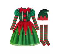 Generico Costume da Elfo Natalizio per Bambini, Abito Natalizio Elegante con Cerchietto Natalizio Calzini, Set di Abiti da Festa Natalizi per Bambine dai 1-8 Anni