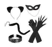 Generico Costume da gatto - CAť Orecchie Canna di coda per occhiali per la testa | Accessori in costume a 5 pezzi con guanti Maschera mascherata | Black Cať Outfit - cosplay Halloween Party Wear