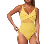 Generico Costume da Mare Donna Costumi Interi con Ferretto Trendy Swimsuit for Women Deep V Neck Sexy Mesh Patchwork Monokini Comfy Breathable Bathing Suits (Yellow, XL)