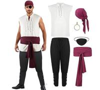 Generico Costume da pirata da uomo, set completo, costume medievale e817 | Set con colletto alto, camicia con lacci, pantaloni e 4 accessori da pirata. Ideale per Halloween, carnevale e feste a tema