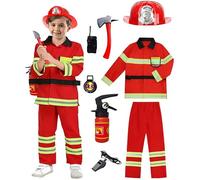 Generico Costume da Pompiere per Bambini, 8 Pcs Costume Pompiere Bambino con Accessori di Pompieri, Vestito Carnevale Halloween per Gioco d'Imitazione, Regali, rosso