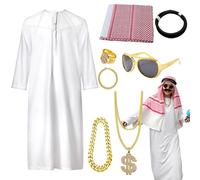 Generico Costume Da Sceicco Da Uomo - Completo Da Gioco Di Ruolo Arabo, Set Completo Con Occhiali Da Sole E Foulard In Tunica Bianca, Per Gioielli In Lega Di Poliestere | Per La Fase Di Carnevale Di