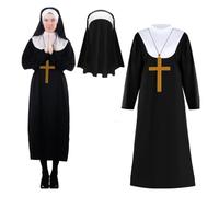 Generico Costume da suora di Halloween, con collana a ciondolo incrociata, 133cm, 138cm, 143cm, 148cm, un outfit da suore da donna, costume da donna, una vestibilità comoda, per la festa di Halloween