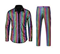 Generico Costume da Uomo Anni '80 '90 Set 2 Pezzi Tuta Disco Retrò Lucida Metallizzata Completa di Camicia e Pantaloni Steampunk Smoking Costume da Blazer per Feste Carnevale Tempo Libero