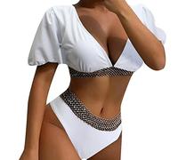 Generico Costume Donna Due Pezzi Imbottito Bikini Curvy Costume da Bagno Bikini A Mezza Manica A Vita Alta Triangolo Diviso in Tinta Unita da Donna No Segno Abbronzatura (White,XL)