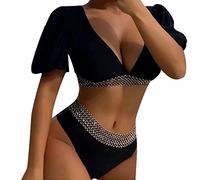 Generico Costume Donna Due Pezzi Imbottito Bikini Curvy Costume da Bagno Bikini A Mezza Manica A Vita Alta Triangolo Diviso in Tinta Unita da Donna No Segno Abbronzatura (Black,XL)