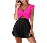 Generico Costume Donna Intero Taglie Forti, Costumi Interi Donna Mare Curvy,Maillot De Bain Un Pc à Volants pour Femmes col En V DéCoupe Taille Haute Maillot De Bain