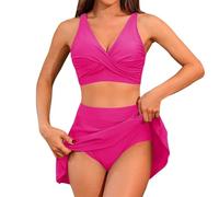 Generico Costume Donna Piscina Due Pezzi Costume da Bagno Due Pezzi Donna con Gonna e Tasche Vita Alta Modello Tankini 2025 (Red, XL)