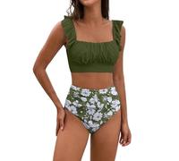 Generico Costume Donna Tankini Due Pezzi Push Up Bikini Women's Flanged Bikini Set with Breast Without Brackets Costumi da Bagno Donna Copricostume Mare Curvy (Green,XL)