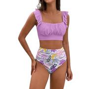 Generico Costume Donna Tankini Due Pezzi Push Up Bikini Women's Flanged Bikini Set with Breast Without Brackets Costumi da Bagno Donna Copricostume Mare Curvy (Purple,S)