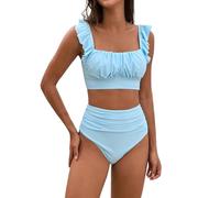 Generico Costume Donna Tankini Due Pezzi Push Up Bikini Women's Flanged Bikini Set with Breast Without Brackets Costumi da Bagno Donna Copricostume Mare Curvy (Blue,L)