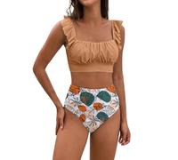 Generico Costume Donna Tankini Due Pezzi Push Up Bikini Women's Flanged Bikini Set with Breast Without Brackets Costumi da Bagno Donna Copricostume Mare Curvy (Khaki,L)