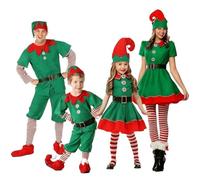 Generico Costume Elfo di Natale per Donna Uomo e Bambino con Collant a Righe Cappello e Copriscarpe Vestito Santa per Carnevale Famiglia Cosplay Party Natalizie Feste