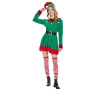 Generico Costume Elfo Donna Per Donna, Abito Con Cintura, Calze E Cappello,Cerimonie, Feste, Carnevale, Elfi Di Natale, Elfi Per Natale