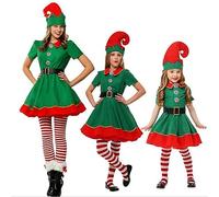Generico Costume Elfo per Donna Festivo Set Cappello Da Elfo Abito con Cintura Calze e Cappello Vestito Da Carnevale Elfi di Natale Cosplay Uomo Donna Elfi per Natale Cerimonie Feste Carnevale