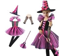 Generico Costume Halloween Bambina, Vestito Strega Bambina, Ragazze Strega Costume con Cappello,Carnevale per Bambina Streghetta Vestito Set per Festa Halloween Cosplay (Rosa, 10-12 anni)