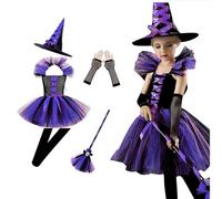 Generico Costume Halloween Bambina, Vestito Strega Bambina, Ragazze Strega Costume con Cappello,Carnevale per Bambina Streghetta Vestito Set per Festa Halloween Cosplay (Viola, 10-12 anni)