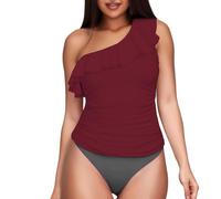Generico Costume Intero Donna Brasiliana Mare Bambina Women's Two Piece Swimsuits One Shoulder Tankini Tummy Bathing Suits Swimwear Costumi da Bagno Donna Curvy Copricostume Mare (Wine,L)