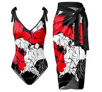 Generico Costume Intero Donna Mare Senza Segni Abbronzatura Set Bikini Gonna Grembiule Costume da Bagno Stampato Scollo A V da Donna Costumi Assorbenti per Ciclo Intero (Red,M)