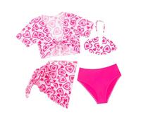 Generico Costume Intero Piscina Bambina - Bambina Bikini Spiaggia Mode Maillots de Bain 4 pièces pour Fille Ensemble Bikini Imprimé cœur Maillots de Bain avec Jupe en (Watermelon Red 11-12 Years)