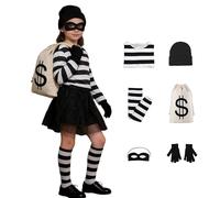 Generico Costume Ladro Bambino - Costume da Rapinatore per Bambini Accessori con Maglietta, Cappello a Maglia, Maschera per Gli Occhi, Guanti, Portafogli e Calze al Ginocchio, Costumi Di Carnevale