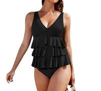 Generico Costume Mare Donna Intero Modellante Snellente Effetto Ventre Piatto Scollo A V con Volant per Vacanze Spiaggia Piscina Taglie dalla S-XXXL Design Elegante Moderno (Black, M)