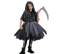Generico Costume Morte Bambina, Costume Halloween Bambina | Abito Nero con Cappuccio, Catena & Falce Giocattolo, Bordi Strappati, Perfetto per Halloween, Ideale per il Gioco di Ruolo e13