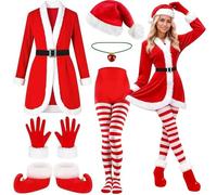Generico Costume natale donna-Completo Costume Elfo Natale per Coppie - Kit 7 Pezzi in Velluto Unisex con Cappello e Guanti - Ideale per Festa, Carnevale e Cosplay