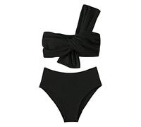 Generico Costume Nero Donna Bikini No Segno Abbronzatura Costume da Bagno Donna Monospalla a Vita Alta Arricciato in Tinta Unita Senza Segni Abbronzatura Top Bikini (Black,XL)