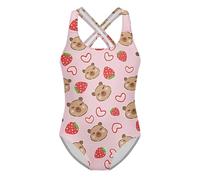 Generico Costume Nuoto Bambina Intero con Schiena a Croce, Stampa con Capibara, Fragole e Cuori, Tessuto Elasticizzato per Piscina, Mare, Vacanze e Feste Tematiche