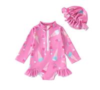 Generico Costume Piscina - Set Bikini per Ragazze Costume da Bagno Estivo per Bambine a Maniche Lunghe con Volant e Stampe 1 Pezzo Costume da Bagno da Spiaggia Bikini Cuffia (18-24 Months)