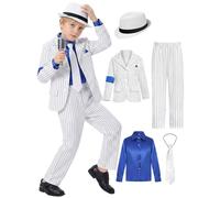 Generico Costume Pop Star Anni '80 '90 per Bambini Ragazzi 5-11 Anni, Set 6 Pezzi con Giacca Nera con Paillettes, Pantaloni, Cappello, Guanto - Spettacoli Halloween