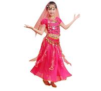 Generico Costume Principessa Araba Bambina Vestito da Danza del Ventre per Bambina con Copricapo Collana Vestiti da Ballo Ragazzina Costumi di Carnevale Halloween Ragazzina Dance Gonna Frange Ragazze