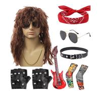 Genérico Costume Rocker 80 - Costume Hippie Disco Metallo | Set Punk Rocker Con Parrucca E Occhiali Da Sole Unisex Per Festa Halloween Festival Musicale Scenario Esterno