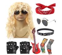 Generico Costume Rocker Anni 80 - Stile Hippie Anni '70 - Set Completo Parrucca Punk Uomo Per Feste Halloween Festival Musicali Eventi