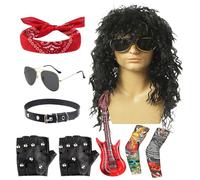 Generico Costume Rocker Uomo - Outfit Hippie Disco Metallico,Set Completo Parrucca Punk Uomo Per Feste Halloween Festival Musicali Eventi