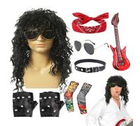 Generico Costume Rocker Uomo - Stile Hippie Anni '70 - Set Completo Parrucca Punk Uomo Per Feste Halloween Festival Musicali Eventi