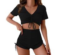 Generico Costume Triangolo Bikini Brasiliana Donna Costume da Bagno da Spiaggia con Coulisse,Scollo A V,Maniche Corte,Bikini,Donna,per Le Sorgenti Termali Azzurro A 2 Pezzi (Black,S)