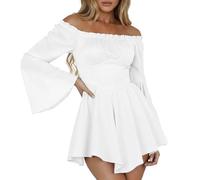 Generico CostumePirata Donna VestitoPirata Donna Senza Spalline Mini Abito con Pantaloncini Integrati a Maniche Lunghe con Volant Linea A 2 in 1 Abito Corto Bianco Costumi Carneval (White, S)