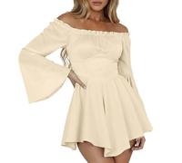 Generico CostumePirata Donna VestitoPirata Donna Senza Spalline Mini Abito con Pantaloncini Integrati a Maniche Lunghe con Volant Linea A 2 in 1 Abito Corto Bianco Costumi Carneval (Beige, S)
