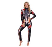 Generico Costumes Halloween Donna,Scheletro Donna 3D Stampa Manica Lunga Skinny Scheletro Tuta con Scollo a V Abito con Cerniera Tuta Intera per Halloween Vestire Festa Carnevale Cosplay